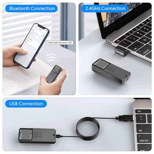 Mini Portable 1D Wireless Barcode Scanner, Bluetooth and 2.4Ghz and USB All in one Laser Barcode Scanner Wireless for Store, Warehouse POS, Computer, Tablet, iPad, iPhone,iOS, Android