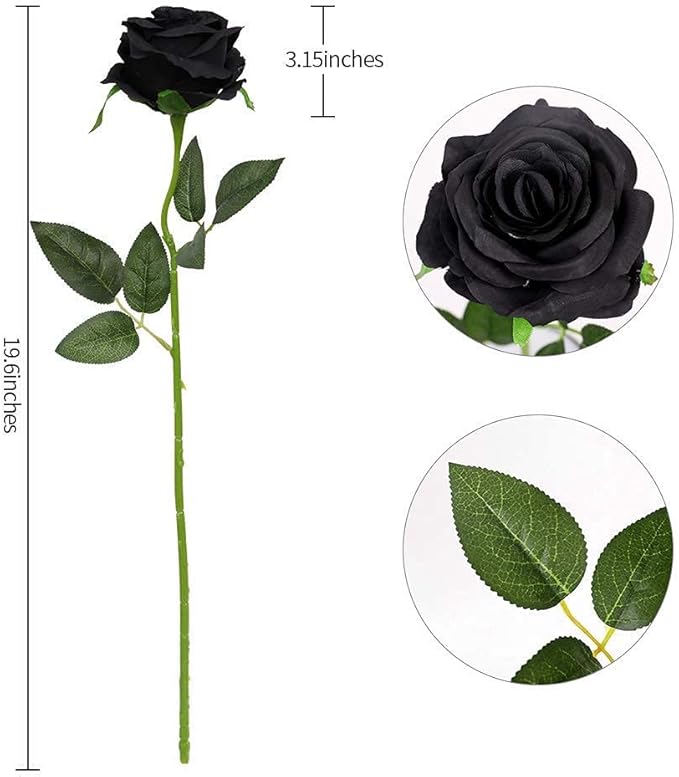 Kisflower 12PCS Black Roses Artificial Flowers Fake Roses Glitter, Silk Roses with Stems Realistic for Halloween Decorations Wedding Party Office Home Decor (Black)