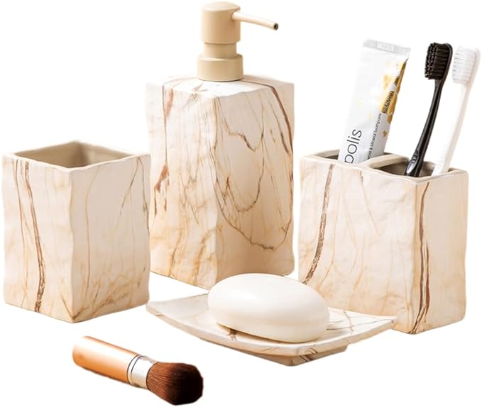 RQYIXI Bathroom Accessories Set 4 Pieces Toothbrush Holder Soap Dispenser Ceramic Bathroom Decor Set Contain Toothbrush Cup Soap Dish Tumbler Marble Brown