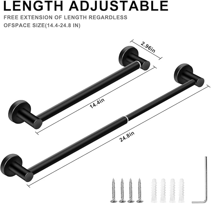MGahyi Towel Racks for Bathroom-Adjustable Towel Holder(13.18inch-24inch) Sturdy and Rustproof Towel Bar Wall Mounted, Single Towel Bar Rod for Bathroom Accessories(1Pack,Black)