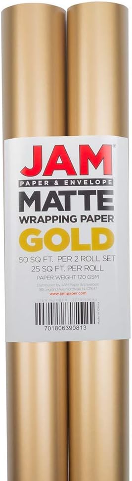 JAM Paper Gift Wrap - Matte Wrapping Paper - 50 Sq Ft Total (30 in x 10 Ft Each) - Matte Gold Foil - 2 Rolls/Pack