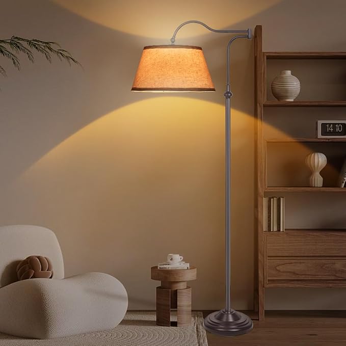 Swing Arm Floor Lamp, Arc Floor Lamps with 180° Adjustable Cantilever for Living Room, Mid Century Standing Lamp with Linen Shade, Tall Lamps for Bedroom Living Room Office Reading Room (Brown)