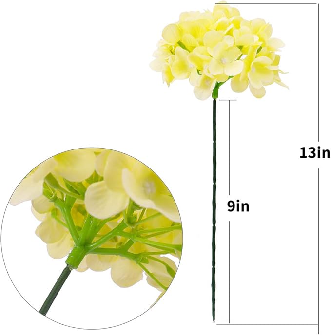 10PCS Silk Hydrangea Heads with Stems Artificial Flowers for Wedding Party Home Decor-Yellow