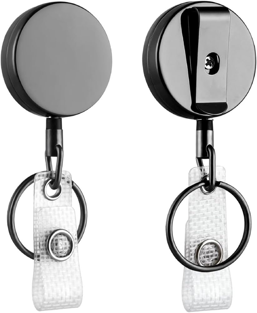 Will Well ID Badge Holder Reel - Heavy-Duty Metal Casing with 27.5" Pull Cord, Holds 8 Keys | 2-Pack, Glossy Black