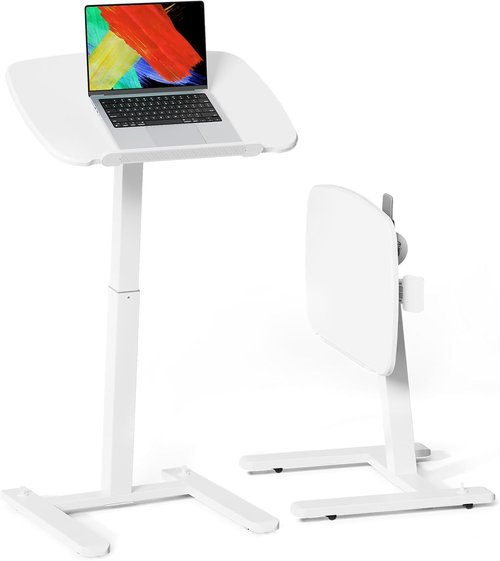 JOY Worker Low Height Mobile Standing Desk - Adjustable TV Tray Table with Foldable MDF Top, White