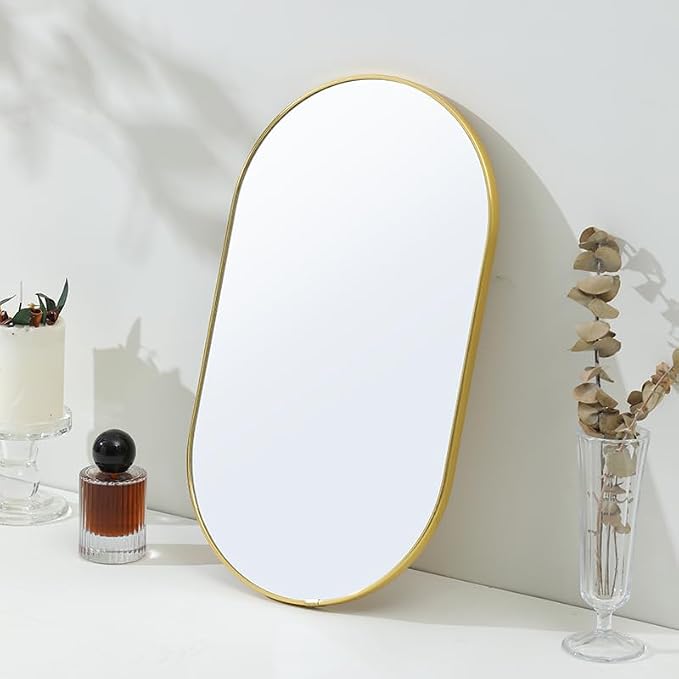 Gold Oval Mirror, Vanity Mirror with PVC Plastic Frame, Wall Mount Mirrors Decor 9.2x15.9 inch