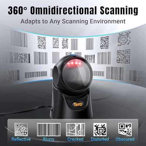 Tera Barcode Scanner Handsfree Omnidirectional: Desktop 1D 2D QR USB Wired Adjustable Angle Plug and Play Bar Code Reader for POS Supermarket Retail Store Mobile Payment Model 9700