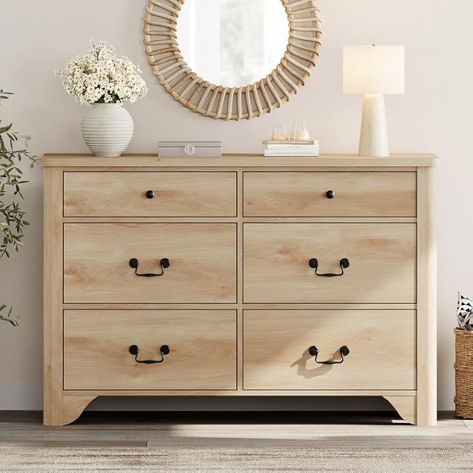 WAMPAT 6 Drawer Dresser for Bedroom, 47.2" W Farmhouse Dresser with Large Storage Drawers and Metal Handle, Modern Chest of Drawers with Solid Wood Legs, Wood Dressers for Bedroom,Closet,Hallway,Oak