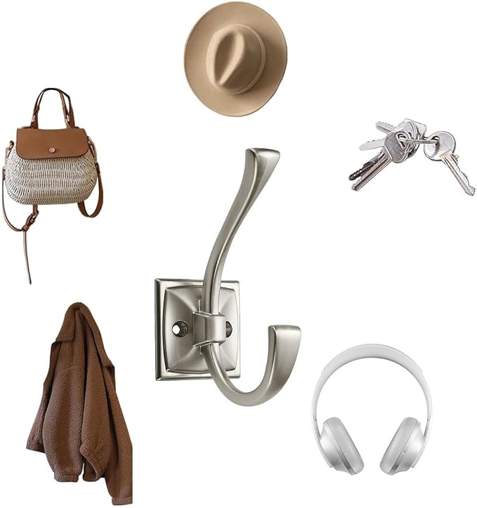 3 Pack Decorative Heavy Duty Towel Hooks for Hanging Robe Double Satin Nickel Coat Hooks Wall Mounted with Screws for Key, Towel, Bags, Cup, Hat