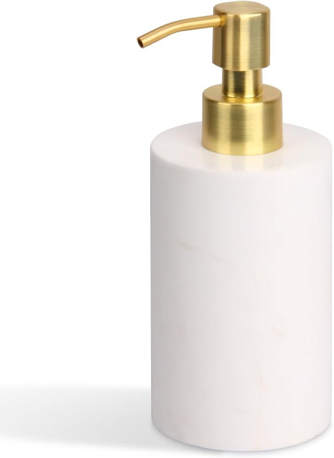 Natural Marble Soap Dispenser for Bathroom and Kitchen Countertop - 5.41 Ounces Hand Lotion and Liquid Stone Shampoo Laundry Bottle with Pump (1, White, Cylindrical Bottle)