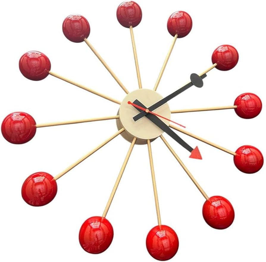 Mid Century Modern Ball Clock – George Nelson Style Wooden Wall Clock, Retro Starburst Design, Silent Non-Ticking Decorative Wall Decor for Living Room, Office, Kitchen & Home (Red, 24 Inch)