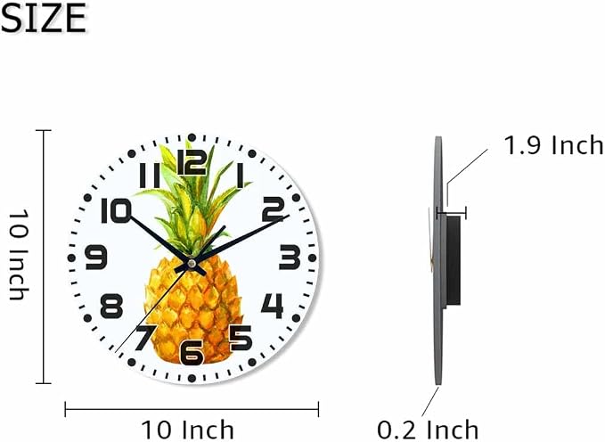 Pineapple Wall Clock Watercolor Ananas Comosus Battery Powered Wall Clock Silent Non Ticking 10 Inch for Living Room, Kitchen, Home,Bathroom, Bedroom