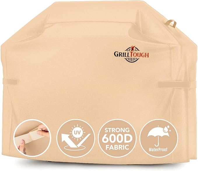 GrillTough Heavy Duty BBQ Grill Cover for Outdoor Grill, 72 Inch – Waterproof, Weather Resistant, UV & Fade Resistant with Adjustable Straps – Gas Grill Cover for Weber, Genesis, Charbroil, etc. Tan