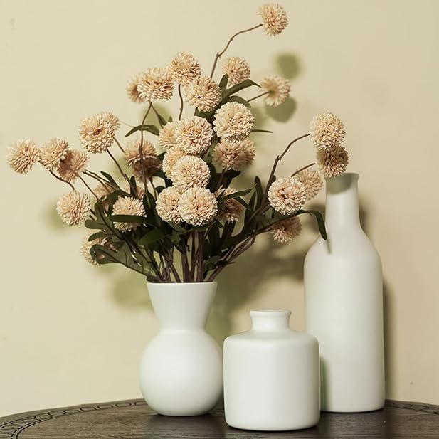 Ceramic Flower Vase Set of 3, Fake Flowers in Vase for Centerpieces with 8 Artificial Autumn Chrysanthemums Artificial Decorative Swags