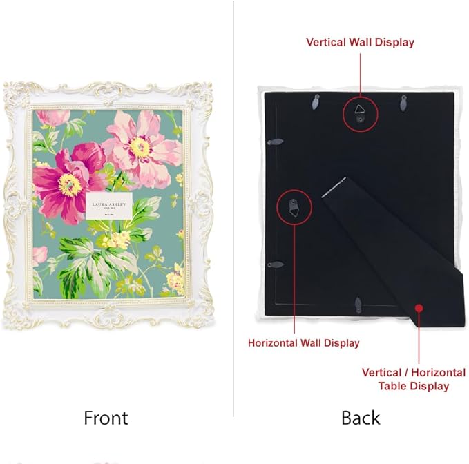 Laura Ashley 8x10 White & Gold Ornate Textured Hand-Crafted Resin Picture Frame w/Easel & Hook for Tabletop & Wall Display, Decorative Floral Design Home Décor, Photo Gallery, Art (8x10, White/Gold)