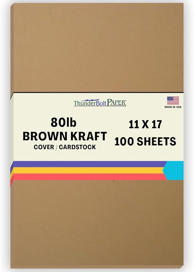 100 Brown Kraft Fiber 80# Cover Paper Sheets - 11" X 17" (11X17 Inches) Tabloid|Ledger|Booklet Size - Rich Earthy Color with Natural Fibers - 80lb/pound Cardstock - Smooth Finish
