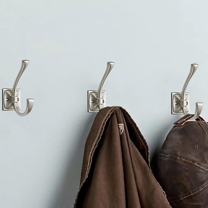 3 Pack Decorative Heavy Duty Towel Hooks for Hanging Robe Double Satin Nickel Coat Hooks Wall Mounted with Screws for Key, Towel, Bags, Cup, Hat