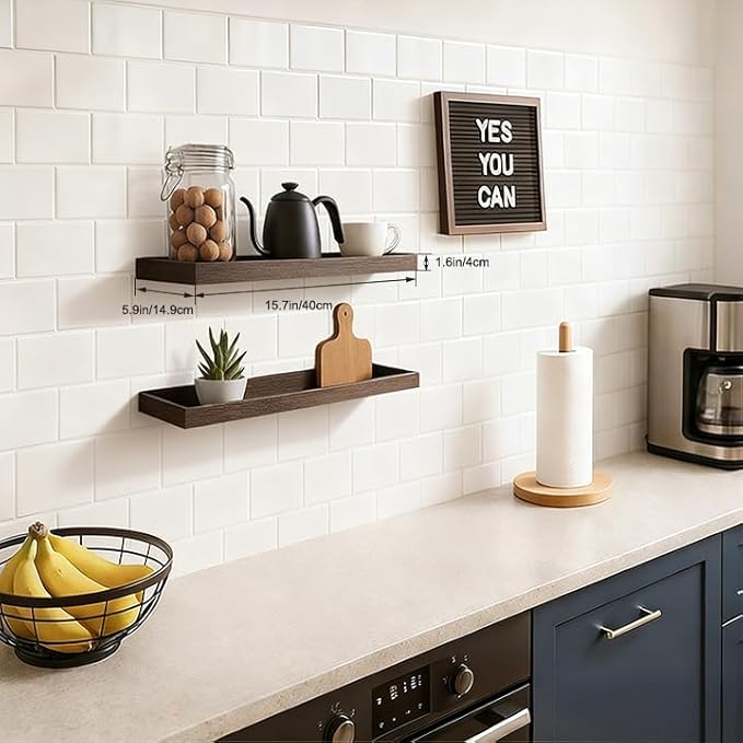 2 Pack 15.7 in Smoke Gray Floating Shelves for Wall, Wooden Wall Shelves for Bedroom Living Room Kitchen, Modern and Rustic Bathroom Shelves with Raised Lip, Floating Shelf for Storage Display