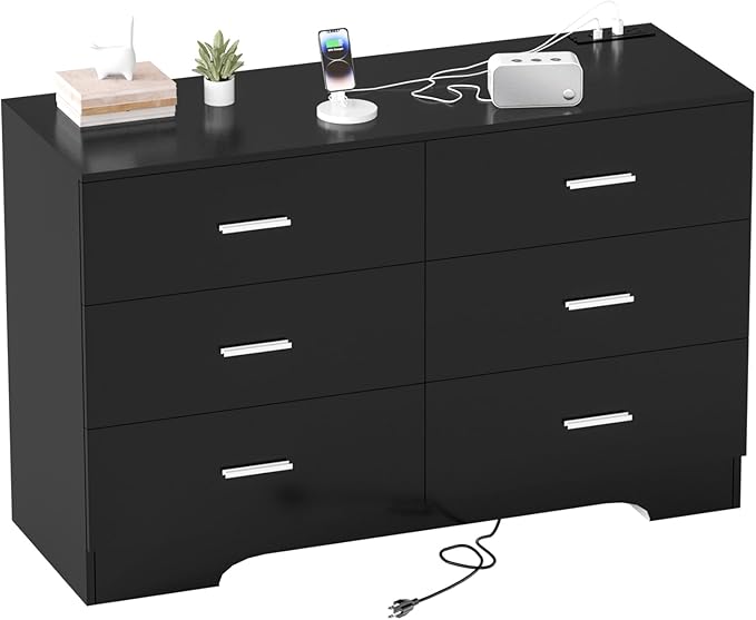 Dresser for Bedroom Black Drawer with Power Outlets Wood 6 Drawer Dresser with Large Organizer Tall Modern Chest of Drawers Close for Bedroom Living Room Kids Room Hallway