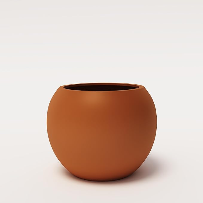 DTY Signature Mount Sherman Modern Indoor Outdoor Fiberstone Sphere Planter, Durable Round Garden Pot, Weather Resistant, Drainage Hole & Rubber Plug, Planter for Christmas Tree - Medium, Terracotta