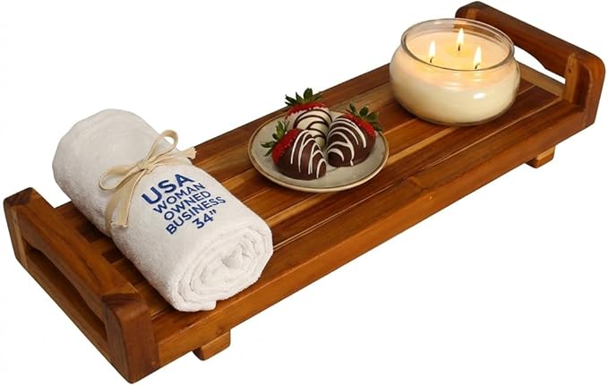 EcoDecors, 34 inch, with LiftAid Handles, Bath Tray for Tub, Bath Tub Tray Wood, Bathtub Table, Caddy for Bathtub in Natural Teak