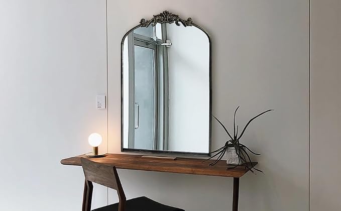 OUSHUAI Black Ornate Mirror for Wall, Traditional Vintage Ornate Baroque Mirrors,Victorian Antique Bronze Full Matel Frame,Arched Mirror for Entryway/Bathroom/Fireplace 24"X36"