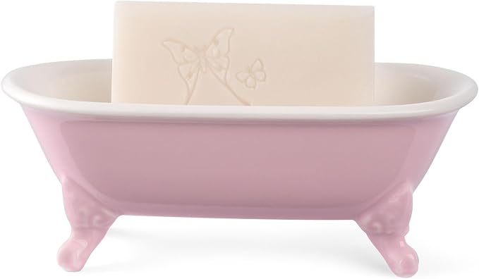 6.5" Ceramic Mini Decorative Clawfoot Bathtub Bar Soap Dish, Kitchen Sponge Holder and Shower Tray for Bathroom, 1 Pack (Pink)