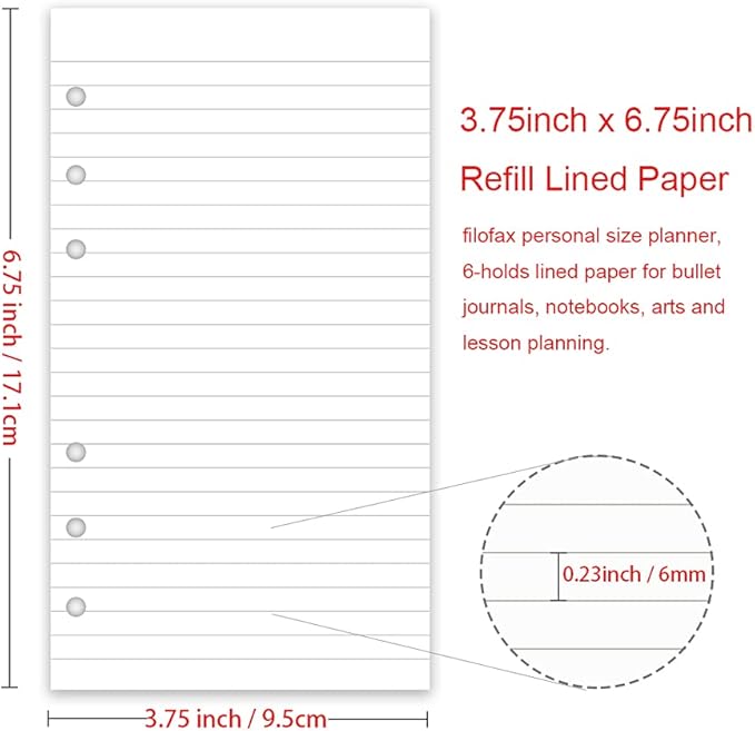(2 Pack) A6 Lined Refill Paper, 200 Sheets/400 Pages Loose Leaf Paper for Filofax Personal Binders, 6 Holes Punched, 100gsm Ruled White Pages, 3.75'' x 6.75''