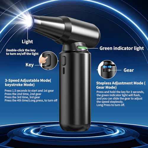 Compressed Air Duster with LED Flashlight, 300,000RPM Brushless Motor Electric Air Duster, 3-Gear Adjustable Mini Blower, Cordless Jet Fan for Keyboard, PC, Car and Home Cleaning1