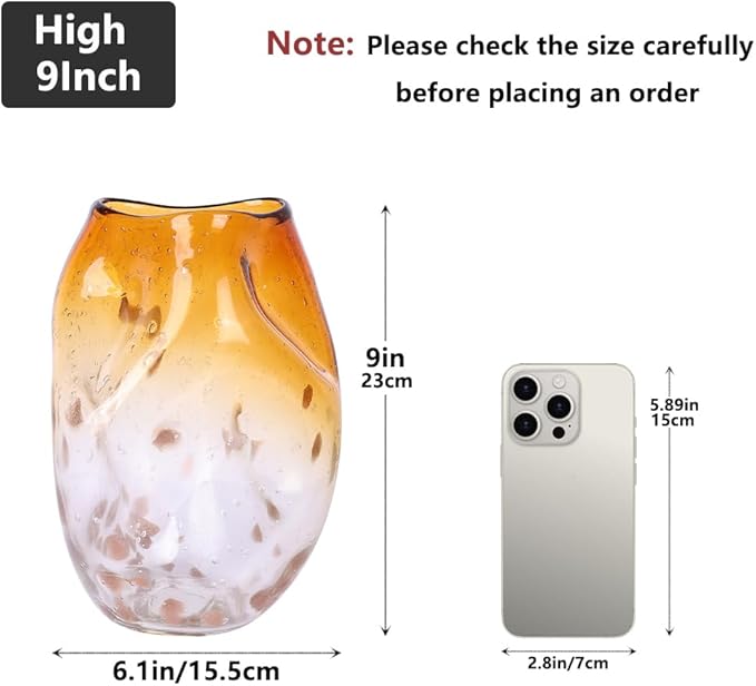 Amber Glass Vase – 9in Handmade Decorative Vase for Flowers, Modern Brown Gradient Glass Vase for Home Decor, Living Room Centerpiece, Dining Table, Entryway or Wedding Decoration