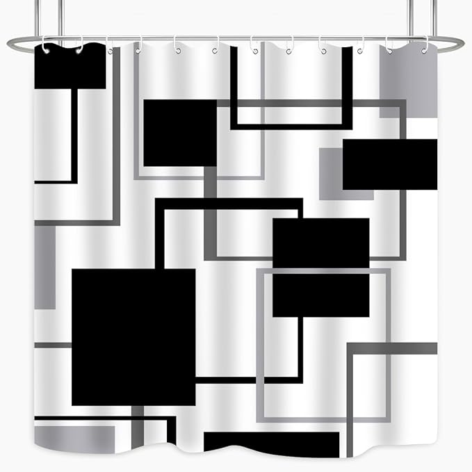 Geometric Shower Curtain Abstract Black White Grey Lines Square Simple Aesthetics Art Modern Home Bathroom Decor Waterproof Fabric 72Lx72W Inch with Plastic 12PCS Hooks