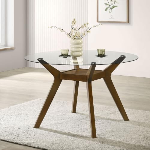 Round Glass Top Dining Table, Mid-Century Modern Style with Walnut Wood Base, Seats 4 People, Ideal for Small Dining Spaces