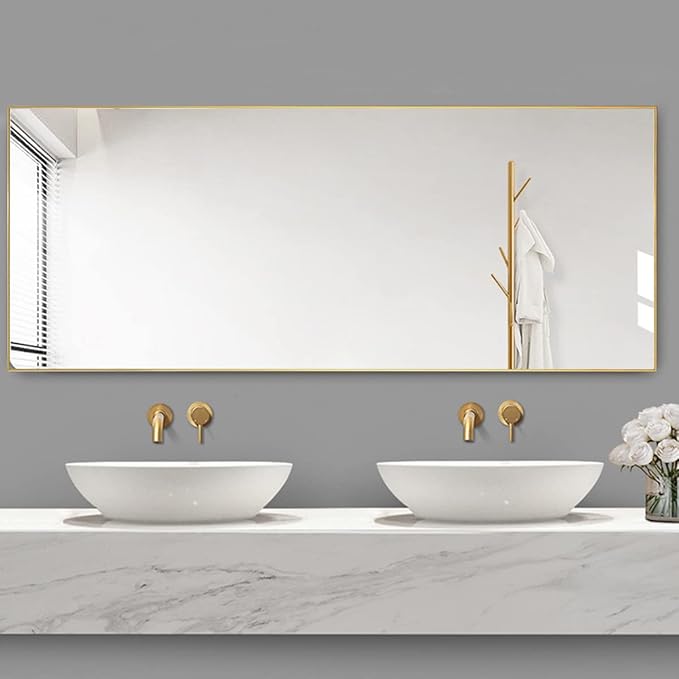 Dewfig Full Length Mirror with Stand, 64" x 21" Free Standing Floor Mirror, Full Body Mirrors, Hanging or Wall Mounted Mirrors for Bedroom, Rectangle Shape, Metal Frame,Gold