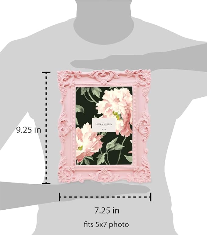 Laura Ashley 5x7 Pink Ornate Textured Hand-Crafted Resin Picture Frame with Easel & Hook for Tabletop & Wall Display, Decorative Floral Design Home Décor, Photo Gallery, Art, More (5x7, Pink)