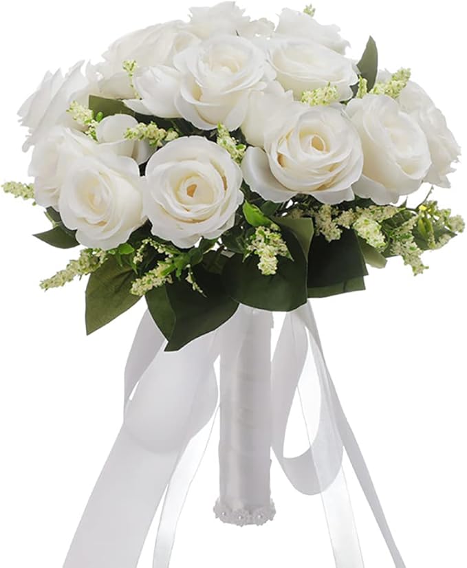 CYANLUX Wedding Bouquets for Bride Bridesmaid Bouquet Champagne White Artificial Roses Flowers for Wedding Valentine's Day Church Home Decoration (1#White)…