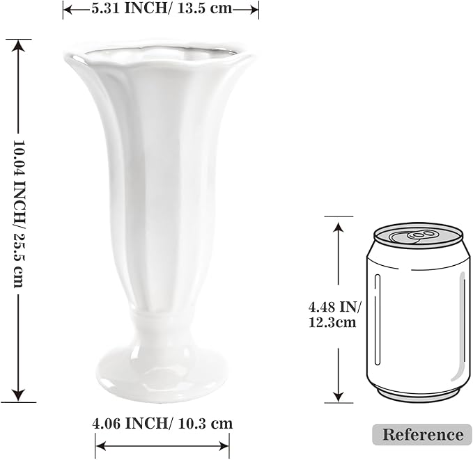 Modern Fluted Ceramic Vase, 10 Inch White Flower Vase with Pedestal Base, Decorative Table Top Vases for Centerpieces, Home Decor, Living Room, Bedroom, Wedding and Events, Housewarming Gift