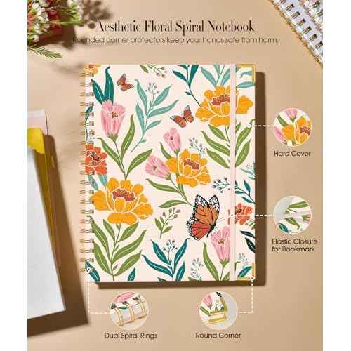 Cute Spiral Notebook Journal for Women, 200 Pages Lined Notebooks 8.5¡± x 11¡±, A4 Large Hardcover Spiral Journals with 100 GSM Thick Paper, College Ruled Notebook for Writing Work School, Orange Floral