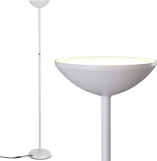 Brightech SkyLite LED Floor lamp, Torchiere Super Bright Floor Lamp for Living Rooms & Offices - 3 Way Dimmable Tall Torch Lamp, High Lumen Standing Pole Lamp for Bedroom Reading - White