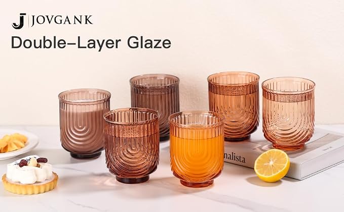 JOVGANK Amber Vintage Drinking Glasses Set of 6-14Oz Brown Glass Drinking Glasses, Art Deco Ripple Highball Glass, Whiskey Cocktail Glasses for Bar Coffee Juice, Housewarming and Mother's Day Gift
