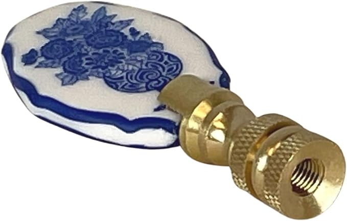 Royal Designs, Inc. Porcelain Oval Birds Design Finial for Lamp Shade, Polished Brass, Blue & White, Pack of 2