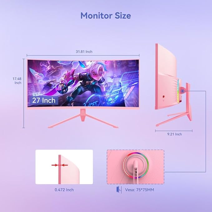 34 inch Pink Curved Gaming Comupter Monitor 165Hz UWQHD 3440x1440,1500R -PIP,1ms (MPRT),HDR, 300nits,sRGB99%,FreeSync,HDMI2.0(TMDS) x2,DP1.4 x2,Eye Care, Supports Wall Mount 75x75mm