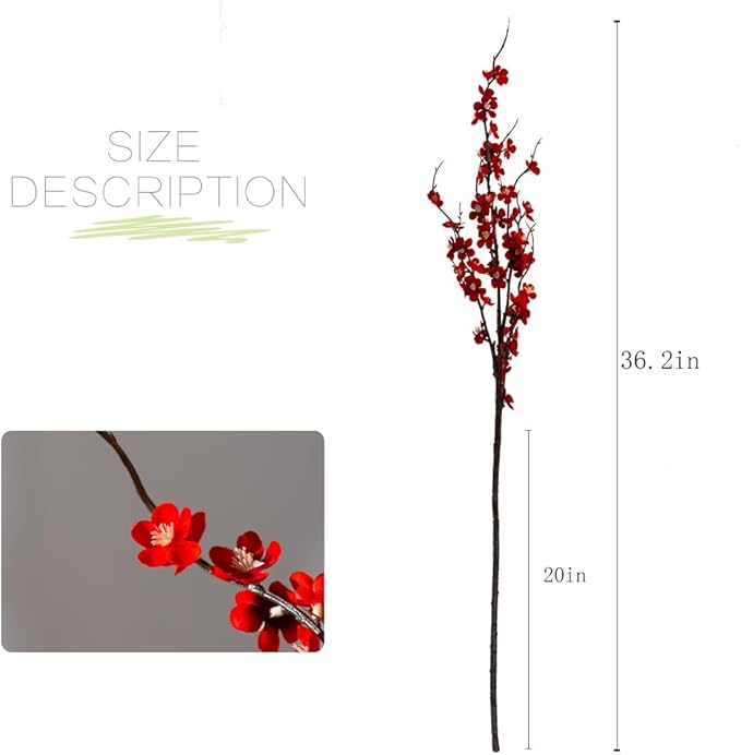 LESING 4pcs Cherry Blossom Flowers Artificial, Fake Silk Cherry Blossom Branches Tall Peach Blossom Flower Stems Arrangement for Wedding Home Office Party Decoration (Red-2)