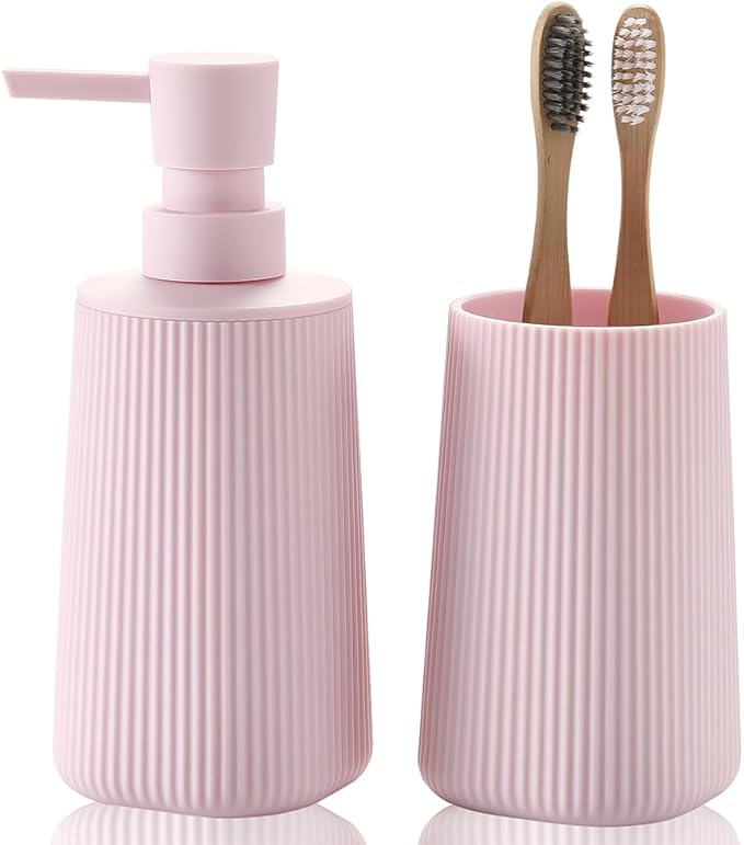 YAUKPH Bathroom Accessories Set 2 Piece Soap Dispenser and Toothbrush Holder for Bathroom Countertop Striped Pink