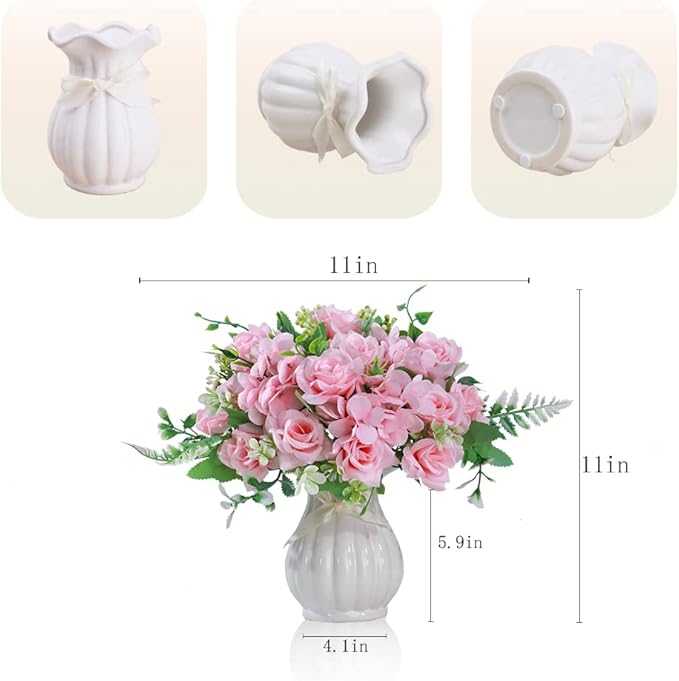 LESING Artificial Rose Silk Hydrangea Flowers Bouquets with Vase Rustic Fake Flowers for Home Decoration Table Centerpiece (Pink)