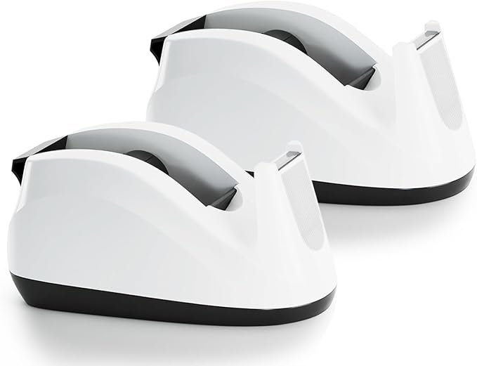 BeeChamp Heavy Base Nonskid Desk Tape Dispenser One-Hand Dispensing, White, 2 Pack