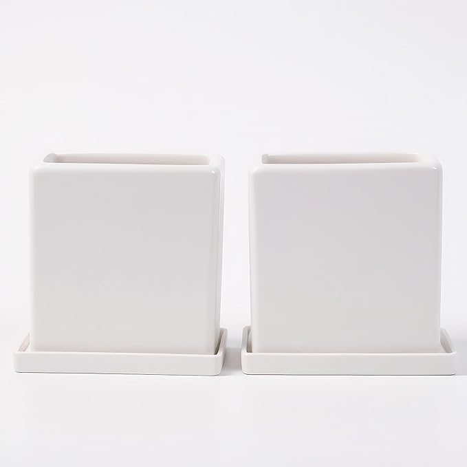 White Ceramic Plant Pots with Saucers, 6 Inch Square Planter Pots Set of 2, Modern Minimalist Medium Flower Pots for Indoor Plants, Snake Plants, Monstera, Home Decor