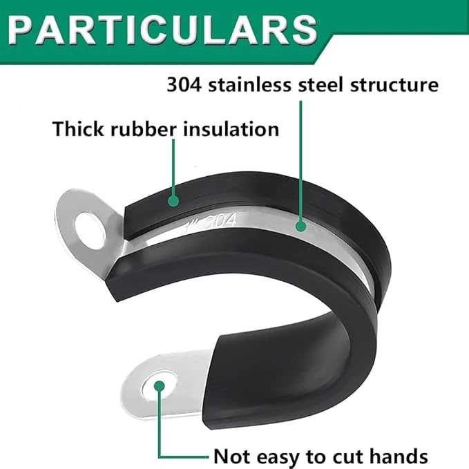 OURU 110PCS Cable Clamps Assortment Kit,10 Sizes—1/4" 5/16" 3/8" 1/2" 5/8" 3/4" 1" 1-1/4" 1-1/2" 1-3/4" Stainless Steel Rubber Coated Cushioned Insulated Cable Clamp,Automotive Wire Pipe Clamps