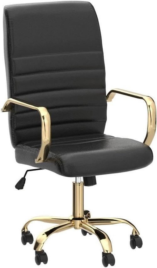BTEXPERT Executive Chair - Gray Faux Leather with Golden Arms & Lumbar Support | High Back Desk Armchair