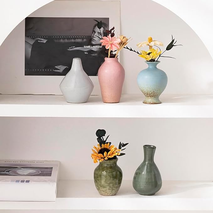 Set of 5 Ceramic Bud Vase - Home Decor Dried Flower Arrangement Small Vase, Gradient Glaze Design, Home, Living Room, Dining Table, Farmhouse, Office Decor, Bedroom, Dining Table, Kitchen Shelf