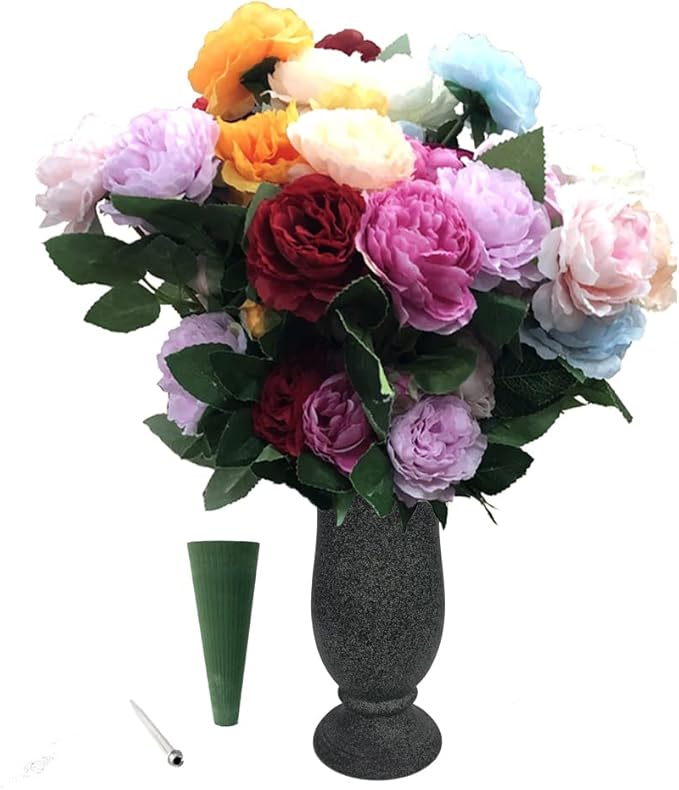 Memorial Grave Cemetery Vase Decoration for Grave Cemetery in Ground Marble Color with Spikes and Flower Foam